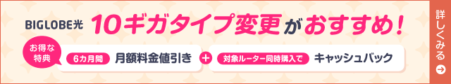 BIGLOBE光 10ギガタイプ変更がおすすめ！お得な特典のご案内【特典１】６カ月間月額料金値引き【特典２】対象ルーター同時購入でキャッシュバック